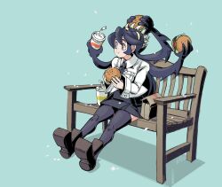 1girl 770mk bag bench blue_background burger cherry_blossoms drink eating fast_food filia_(skullgirls) highres long_hair necktie petals pleated_skirt prehensile_hair red_eyes samson_(skullgirls) school_uniform shoes sitting skirt skullgirls solo thighhighs
