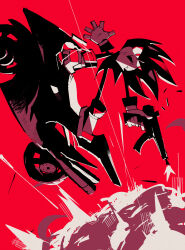 1boy 4th_chaos_emerald absurdres casing_ejection explosion firing furry furry_male gun highres holding holding_gun holding_weapon male_focus motor_vehicle motorcycle on_motorcycle open_mouth red_background red_eyes red_theme shadow_the_hedgehog shadow_the_hedgehog_(game) shell_casing solo sonic_(series) weapon