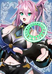 1girl absurdres artmagia_litera ascot black_ascot black_gloves black_shorts breasts cleavage duel_monster fingerless_gloves gloves green_eyes hair_between_eyes highres large_breasts long_hair long_sleeves looking_at_viewer midriff navel open_mouth pink_hair short_shorts shorts smile solo stomach xzon_(chai_z) yu-gi-oh!