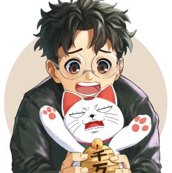 Rule 34 | 1boy, animal, bell, black hair, black jacket, border, brown background, brown eyes, cat, dandadan, gakuran, glasses, highres, holding, holding animal, holding cat, jacket, m.tokotsu, male focus, neck bell, open mouth, parted bangs, round eyewear, school uniform, short hair, takakura ken (dandadan), turbo granny (dandadan), upper body, white border