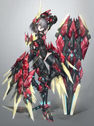 1girl absurdres armor armored_boots armored_leotard black_leotard blue_eyes boots breasts exoskeleton full_body gloves glowing grey_hair hair_between_eyes headgear heterochromia highres horns hyemalequisetum leotard looking_at_viewer mecha_musume mechanical_horns mechanical_tail mechanical_wings medium_breasts medium_hair original shield short_hair solo standing standing_on_one_leg tail thigh_boots thighhighs weapon wings yellow_eyes