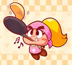 1girl apron artist_name blonde_hair blush_stickers brown_shoes checkered_background commentary cooking english_commentary eyelashes fang food frying_pan goombella green_shirt headscarf heart heart_background highres holding holding_frying_pan linker mario_(series) musical_note nintendo pancake paper_mario paper_mario:_the_thousand-year_door pink_apron polka_dot_headwear ponytail shirt shoes smile solo