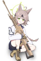 1girl absurdres ahoge anti-materiel_rifle asuparuch barrett_m82 bike_shorts black_shorts blue_archive blue_sailor_collar blue_skirt blush boots brown_boots brown_gloves brown_hair gloves green_eyes green_halo grin gun halo highres holding holding_gun holding_weapon long_braid long_hair otogi_(blue_archive) rifle sailor_collar shirt shorts shorts_under_skirt sitting skirt smile sniper_rifle weapon white_shirt