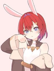 1girl alternate_hair_color ange_katrina ange_katrina_(1st_costume) animal_ears armpit_crease bare_shoulders black_coat blue_eyes blush breasts cheek_poking coat colored_inner_hair colored_tips commentary_request dress gradient_eyes hair_between_eyes hair_ornament hand_up head_tilt highres kemonomimi_mode long_bangs long_sleeves looking_at_viewer multicolored_eyes multicolored_hair nijisanji off_shoulder pink_background pink_eyes pointing pointing_at_breasts pointing_at_self poking pout purple_hair rabbit_ears red_hair short_hair simple_background sleeveless sleeveless_dress small_breasts solo thumb_to_cheek triangle_hair_ornament upper_body virtual_youtuber white_dress yuzuki_(yuduame)