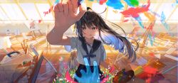 1girl absurdres ahoge black_hair blue_eyes blue_hair blue_sailor_collar canvas_(object) chair classroom colored_inner_hair commentary_request desk easel foreshortening handprint highres holding holding_brush holding_paint_palette holding_paintbrush holding_paint_palette licking_lips long_hair looking_at_viewer multicolored_hair neckerchief original paint paint_palette paint_splatter paint_splatter_on_face paint_tube paintbrush painting_(action) painting_(object) paint_palette paper pikusu pleated_skirt rolled_up_paper sailor_collar school_chair school_desk school_uniform serafuku short_sleeves skirt solo tongue tongue_out window wooden_floor