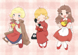 3girls apron blonde_hair blue_eyes blush box box_of_chocolates brown_eyes brown_hair carol_(mother) closed_eyes coat dress happy heart highres hinawa long_hair looking_at_viewer maid_apron mother_(series) mother_1 mother_2 mother_3 multiple_girls ness&#039;s_mother nintendo open_mouth phone possum_pix08 red_apron red_dress red_shoes shoes smile socks white_socks
