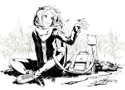 Rule 34 | 1girl, bag, bug, dog, dragonfly, female focus, greyscale, insect, jimu kaji, kajimiya (kaji), leash, monochrome, nature, original, scarf, shorts, sitting, solo