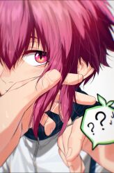 1boy ? ?? bl_111252 blue_lock fingernails hand_in_another&#039;s_hair jacket kurona_ranze looking_at_viewer male_focus out_of_frame red_eyes red_hair short_hair simple_background slit_pupils solo speech_bubble track_jacket upper_body white_background