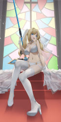 1girl absurdres blonde_hair blue_eyes bra breasts bride cleavage gloves granblue_fantasy high_heels highres miso_(b7669726) panties polearm revealing_clothes sitting smile solo spear thighhighs thighs twintails underwear warrior weapon white_bra white_gloves white_panties white_thighhighs zeta_(granblue_fantasy)