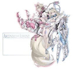 absurdres alternate_costume animal_ears black_coat black_collar blonde_hair blue_eyes breasts brother_and_sister chain claw_(weapon) cleavage coat collar dog_ears dog_girl dress fuwawa_abyssgard gauntlets grey_background headphones highres holding_hands hololive hololive_english igonnaswing interlocked_fingers jacket large_breasts long_hair mococo_abyssgard pink_eyes short_hair shorts siblings simple_background small_breasts virtual_youtuber weapon white_dress white_jacket white_shorts