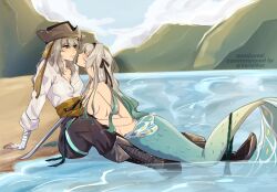 2girls alternate_universe aqua_tail artist_name bandaged_hand bandages beach black_boots black_hat black_pants boots breasts commentary commission commissioner_name english_commentary firefly_(honkai:_star_rail) green_hair grey_hair hat highres honkai:_star_rail honkai_(series) lace-up_boots long_hair mermaid monster_girl multicolored_hair multiple_girls ocean pants pirate pirate_hat sand seaweed seijousai shirt stelle_(honkai:_star_rail) topless_female trailblazer_(honkai:_star_rail) two-tone_hair very_long_hair water white_shirt yellow_eyes