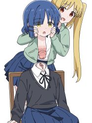 2girls black_jacket blonde_hair blue_hair bocchi_the_rock! chair disembodied_head dullahan green_jacket hair_ornament hairclip hands_on_another&#039;s_cheeks hands_on_another&#039;s_face highres ijichi_nijika jacket jbxpism misplaced_genitals multiple_girls on_chair penis penis_neck ponytail pussy shirt side_ponytail simple_background sitting solo textless_version uncensored what white_background white_shirt yamada_ryo yellow_eyes