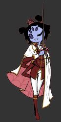 1girl acenth arthropod_girl boots bug cape colored_skin commentary crown english_commentary extra_arms extra_eyes fangs full_body gold_trim grey_background holding holding_sword holding_weapon knee_boots long_hair looking_at_viewer mini_crown monster_girl muffet one_eye_closed purple_skin rapier red_boots short_hair short_twintails silk simple_background solo spider spider_web spider_web_print standing sword twintails undertale weapon white_cape