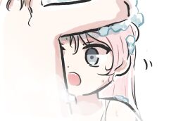 2girls bang_dream! bang_dream!_it&#039;s_mygo!!!!! brown_hair chihaya_anon commentary_request fang foam long_hair lyy multiple_girls nagasaki_soyo open_mouth pink_hair simple_background teeth upper_teeth_only washing_another washing_hair white_background