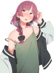 1girl armpit_peek black_bow bocchi_the_rock! bow braid dress eitopondo green_dress hair_bow highres hiroi_kikuri jacket looking_up multicolored_jacket purple_eyes purple_hair single_braid solo strap_slip sweat track_jacket two-tone_jacket white_background