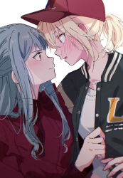 2girls aotsubaki_toto bang_dream! bang_dream!_it&#039;s_mygo!!!!! baseball_cap black_jacket blonde_hair blue_hair blush bow bowtie closed_mouth commentary_request ear_blush eye_contact hat highres jacket jewelry long_hair looking_at_another misumi_uika multiple_girls necklace open_clothes open_jacket ponytail purple_eyes red_bow red_bowtie red_hat red_shirt shirt short_ponytail sidelocks simple_background togawa_sakiko white_background white_shirt yellow_eyes yuri
