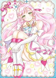1girl bare_shoulders cure_prism dress elbow_gloves full_body gloves green_eyes highres hirogaru_sky!_precure hugging_own_legs knees_to_chest long_hair magical_girl marker_(medium) nijigaoka_mashiro pink_hair pink_shoes precure shoes sidelocks smile socks solo tanpopo_no_hana traditional_media white_dress white_gloves white_socks