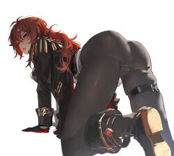 1boy ass bent_over black_boots black_coat black_gloves black_pants boots coat commentary_request diluc_(genshin_impact) from_behind genshin_impact gloves hair_between_eyes highres long_hair long_sleeves looking_at_viewer looking_back male_focus open_mouth pants red_eyes red_hair simple_background solo thighhighs tight_clothes tight_pants white_background zehuij
