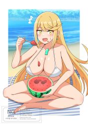 absurdres alternate_costume bikini breasts food fruit highres large_breasts mythra_(xenoblade) ryochan96154 swimsuit watermelon xenoblade_chronicles_(series) xenoblade_chronicles_2