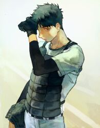 1boy abe_takaya arm_up baseball_glove baseball_uniform belt black_belt black_gloves black_hair catcher_(baseball) chest_protector closed_mouth commentary_request gloves harikoma1010 holding layered_sleeves long_sleeves looking_to_the_side male_focus ookiku_furikabutte pants short_hair short_over_long_sleeves short_sleeves sideways_glance solo sportswear standing white_pants yellow_eyes