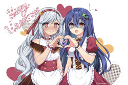 2girls bare_shoulders bell_cranel blue_hair blush breasts date_a_live dungeon_ni_deai_wo_motomeru_no_wa_machigatteiru_darou_ka empty_eyes frilled_wristband genderswap genderswap_(mtf) hair_ornament hairpin happy_valentine heart heart_hands heart_hands_duo highres itsuka_shiori long_hair maid multiple_girls open_mouth puffy_short_sleeves puffy_sleeves shinashiro short_sleeves smile white_hair
