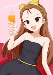 1girl :d bare_shoulders black_dress bow breasts brown_eyes brown_hair cup dated dress hair_bow happy_birthday highres holding holding_cup idolmaster long_hair looking_at_viewer minase_iori open_mouth pink_background small_breasts smile solo yellow_bow yuzu_(yuzunoha14)