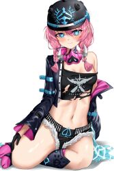 1girl absurdres arknights black_helmet black_jacket black_shorts blue_eyes blue_poison_(arknights) braid commission cosplay crop_top cutoffs helmet highres jacket long_hair long_sleeves looking_at_viewer luciana_de_montefio luciana_de_montefio_(cosplay) midriff navel off_shoulder open_clothes open_jacket pink_hair putcho shorts simple_background single_bare_shoulder sitting smile solo stomach thighs twin_braids white_background zenless_zone_zero