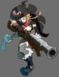 1girl adapted_costume bandana black_boots black_cape black_gloves black_hat blonde_hair blue_eyes boots bow braid bright_pupils cape commentary_request cookie_(touhou) elbow_gloves full_body fur-trimmed_boots fur_trim gloves grey_background grey_thighhighs gun hair_bow hat hat_bow holding holding_gun holding_weapon kirisame_marisa long_hair meguru_(cookie) open_mouth red_bandana red_bow side_braid simple_background single_braid solo thighhighs touhou ukiwagirl weapon white_pupils witch_hat
