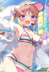 1girl bare_shoulders bikini black_choker blonde_hair blush breasts choker cleavage fang hair_between_eyes hair_ornament haruka-chan_(pan_(mimi)) holding holding_water_gun jacket long_hair long_sleeves looking_at_viewer medium_breasts microphone navel open_clothes open_jacket open_mouth original outdoors pan_(mimi) purple_eyes smile solo stomach striped_bikini striped_clothes swimsuit twintails very_long_hair visor_cap water_gun wet white_jacket