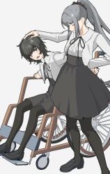 Rule 34 | 2girls, ^ ^, absurdres, arm support, black hair, black pantyhose, black scrunchie, black shoes, black skirt, closed eyes, d:, flowers (innocent grey), grey background, grey hair, grin, hair ornament, hair scrunchie, hand on another&#039;s head, hand on own hip, headpat, high-waist skirt, highres, jacket, loafers, long hair, long sleeves, messy hair, multiple girls, open mouth, pantyhose, ponytail, school uniform, scrunchie, shirt, shishima eichi, shoes, short hair, simple background, sitting, skirt, smile, standing, teeth, upper teeth only, very long hair, wheelchair, white jacket, white shirt, yaegaki erika, yatsushiro yuzuriha
