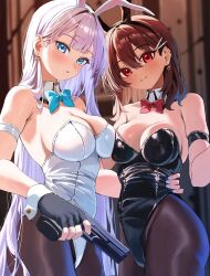 Rule 34 | 2girls, alexandra viktorovna dashkova (tukikagerou), animal ears, aqua bow, aqua bowtie, bare shoulders, black gloves, black leotard, black pantyhose, blue eyes, blush, bow, bowtie, breasts, brown hair, cleavage, commentary request, commission, dark-skinned female, dark skin, detached collar, earrings, fingerless gloves, gloves, gun, hair ornament, hairclip, highres, holding, holding gun, holding weapon, jewelry, large breasts, leotard, long hair, looking at viewer, multiple girls, original, pantyhose, parted lips, playboy bunny, purple hair, rabbit ears, red bow, red bowtie, red eyes, sharifah ozdil (tukikagerou), short hair, skeb commission, smile, tai saka, thighs, weapon, white leotard, wrist cuffs