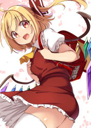 1girl ascot backpack bag crystal crystal_wings flandre_scarlet hair_ribbon highres looking_at_viewer moja_(moja4192) no_headwear open_mouth randoseru red_eyes red_ribbon ribbon short_sleeves side_ponytail simple_background skirt smile solo thighhighs touhou white_thighhighs wings yellow_ascot zettai_ryouiki