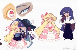 1boy 1girl blonde_hair colored_eyelashes cookie_run cookie_run:_kingdom curly_hair dress flipped_bangs humanization kouign-amann_cookie long_hair looking_at_viewer multicolored_hair open_mouth pink_eyes pink_hair pink_streaks prune_juice_cookie sabotiiina simple_background smile very_long_hair