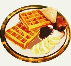 banana banana_slice commentary_request food food_focus fruit frying-ammonite no_humans original plate simple_background still_life waffle white_background
