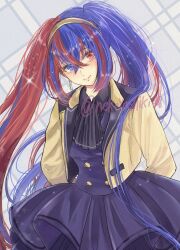1girl alternate_costume alternate_hairstyle blue_eyes blue_hair braid crossed_bangs crown_braid female_alear_(fire_emblem) fire_emblem fire_emblem_engage heterochromia highres long_hair multicolored_hair nekoyashiki_08 nintendo red_eyes red_hair split-color_hair tiara twintails two-tone_hair very_long_hair