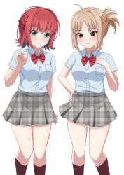 2girls absurdres ahoge arm_at_side black_socks bow bowtie braid brown_hair cinderella_series closed_mouth collared_shirt feet_out_of_frame green_eyes grey_skirt hachigatsu_no_cinderella_nine hair_ornament hairclip half_up_braid hand_on_own_chest hand_on_own_hip high_ponytail highres miniskirt miura_nanase miyai_miyako multiple_girls plaid_clothes plaid_skirt pleated_skirt ponytail red_bow red_bowtie red_eyes red_hair school_uniform shinshiro shirt short_hair short_sleeves skirt smile socks standing unmoving_pattern watermark white_background white_shirt