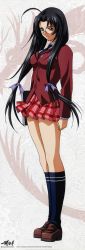 00s 1girl 2007 absurdres ahoge black_hair book breasts copyright_name female_focus glasses highres ikkitousen ikkitousen_dragon_destiny kaku_bunwa large_breasts loafers long_hair long_image miniskirt plaid_clothes plaid_skirt red_eyes ribbon scan school_uniform shoes skirt socks solo standing tall_image twintails