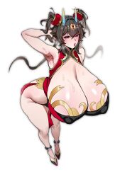 1girl armpits b.sa_(bbbs) black_hair breasts chinese_clothes cleavage covered_erect_nipples dress gigantic_breasts high_heels highres horns long_hair makeup original simple_background solo sweat thighs twintails white_background