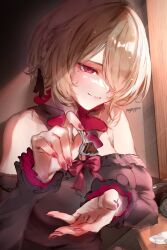 1girl bare_shoulders brown_dress brown_hair cake cake_slice closed_mouth dress food fork hair_over_one_eye highres holding holding_fork honkai_(series) honkai_impact_3rd incoming_food long_sleeves mole mole_under_eye nail_polish nyeppu purple_eyes purple_nails rita_rossweisse short_hair smile solo