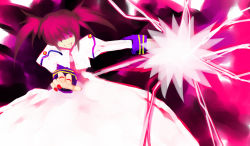Rule 34 | 00s, 1girl, female focus, grin, highres, lyrical nanoha, magical girl, mahou shoujo lyrical nanoha, red eyes, shaded face, smile, solo, takamachi nanoha, twintails, white devil