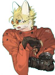 animal_ear_piercing animal_ears animal_hands bingbuliguozi black_gloves blonde_hair buckle buttons cat_boy cat_paws claws coat dated earrings furrification furry gloves green_eyes highres jewelry looking_to_the_side orange-tinted_eyewear parted_bangs partially_fingerless_gloves prosthesis prosthetic_arm red_coat round_eyewear signature single_earring spiked_hair tinted_eyewear trigun trigun_maximum upper_body vash_the_stampede white_background yellow_fur