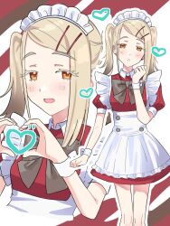 1girl :o alternate_costume apron blonde_hair blush bow bowtie breasts dress enmaided gakuen_idolmaster hair_ornament hairclip heart heart_hands highres idolmaster long_hair looking_at_viewer maid maid_apron maid_headdress multiple_views open_mouth orange_eyes puffy_short_sleeves puffy_sleeves red_dress shinosawa_hiro short_dress short_sleeves small_breasts sumomo_otome twintails wrist_cuffs