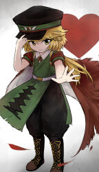 1other absurdres androgynous baggy_pants bare_arms belt belt_buckle black_boots black_hat black_pants blonde_hair boots brooch buckle cape closed_mouth collared_shirt cosplay dot_nose fujiwara_no_shirogane_no_sanra fujiwara_no_shirogane_no_sanra_(cosplay) full_body green_hat hair_undone hand_on_headwear happy hat heart heart_in_eye highres jewelry knee_boots kuroda_(kurota_ne) lace-up_boots len&#039;en long_hair military_hat military_uniform official_style ooama_no_ake_no_mitori other_focus outstretched_arm pants peaked_cap red_cape shirt short_sleeves smile solo standing symbol_in_eye torn_cape torn_clothes two-sided_cape two-sided_fabric white_background white_belt white_cape white_shirt wing_print yellow_eyes yin_yang yin_yang_print