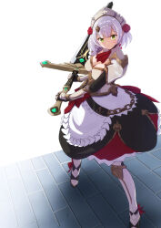 1girl afrody apron armor armored_boots ascot belt blunt_bangs boots braid breastplate breasts chain claymore_(sword) cleavage commentary english_commentary fighting_stance from_above gauntlets genshin_impact greatsword green_eyes grey_hair hair_ornament highres holding holding_sword holding_weapon large_breasts long_sleeves looking_at_viewer looking_up maid maid_apron maid_headdress medium_breasts noelle_(genshin_impact) parted_lips short_hair shoulder_armor sidelocks single_braid solo sword weapon white_background