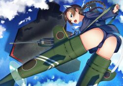 Rule 34 | 1girl, absurdres, animal ears, ass, back, blue one-piece swimsuit, blue sky, brown hair, cat ears, cat girl, cat tail, cloud, commission, cup, gun, highres, holding, holding cup, long hair, misumi miya, neuroi, one-piece swimsuit, open mouth, sailor collar, school uniform, second-party source, sky, solo, strike witches: suomus misfits squadron, striker unit, swimsuit, tail, tks (526tks), twintails, type 99 cannon, weapon, white sailor collar, world witches series