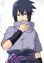 Rule 34 | 1boy, arm up, belt, black eyes, black hair, blue pants, covered mouth, cowboy shot, grey jacket, hair between eyes, highres, jacket, looking down, male focus, naruto (series), naruto shippuuden, pants, purple belt, rope belt, solo, uchiha sasuke, yururihoney, zipper
