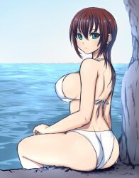 1girl :/ aqua_eyes ass breasts brown_hair commentary_request large_breasts light_frown looking_back ocean original sitting solo tanaka_gorbachev thighs wet white_background