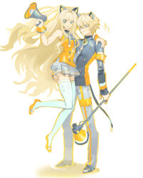 1boy 1girl animal_ears arm_around_shoulder b_cm2 belt black_jacket black_shirt blonde_hair blue_eyes bow bowtie carrying carrying_person carrying_under_arm cat_ears closed_mouth collared_shirt eyes_visible_through_hair floating_hair full_body genderswap genderswap_(ftm) grey_bow grey_bowtie grey_pants grey_shoes grey_skirt hair_intakes hair_over_eyes hand_on_another&#039;s_ass headset highres holding holding_megaphone jacket jewelry leg_up long_hair looking_at_viewer loose_belt megaphone multiple_rings open_mouth orange_shoes orange_vest orange_wrist_cuffs pants pleated_skirt ring seeu seewoo shirt shoes sidelocks skirt sleeveless sleeveless_shirt smile sparkle standing star_(symbol) star_in_eye symbol_in_eye thighhighs two_side_up very_long_hair vest vocaloid white_background white_thighhighs wrist_cuffs zettai_ryouiki
