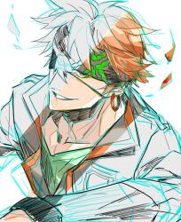 1boy akira_ix badge black_headband black_jacket black_order_uniform black_wrist_cuffs collarbone collared_jacket d.gray-man earrings eyepatch green_eyes green_shirt grin hair_between_eyes headband hoop_earrings jacket jewelry lavi looking_at_viewer male_focus messy_hair military military_uniform one_eye_covered orange_hair partially_colored shirt short_hair simple_background smile solo striped_clothes striped_headband striped_jacket vertical-striped_clothes vertical-striped_jacket white_background wrist_cuffs