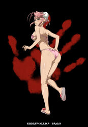 1girl ahoge arifureta_shokugyou_de_sekai_saikyou ass back backboob bikini blush breasts curvy dimples_of_venus feet flip-flops glasses green_eyes hand_on_own_hip highres highschool_of_the_dead huge_ass large_breasts looking_at_viewer looking_back official_art pink_bikini pink_hair sandals shoulder_blades sideboob swimsuit takagi_saya thick_thighs thighs wide_hips